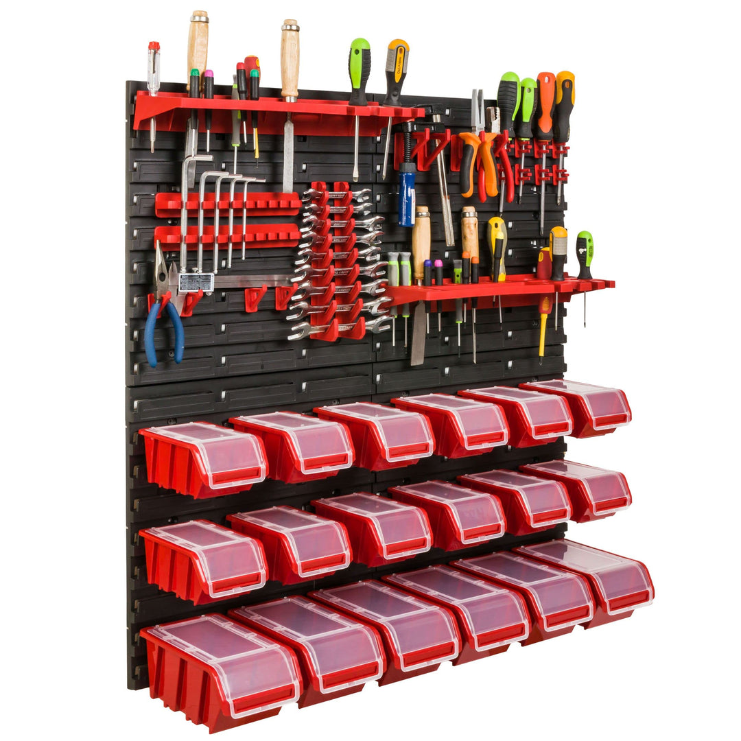 Lagersystem Werkstattregal | 78 x 78 cm | 18 stck. Box | Wandregal mit Werkzeughalterungen und Stape