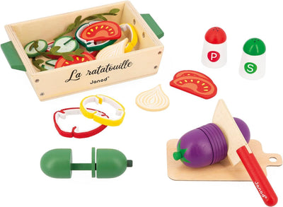 Janod Janod-Ratatouille-Spielset-32 Küchenzubehörteile-Rezept + Utensilien + Gemüse-Rollenspielzeug-