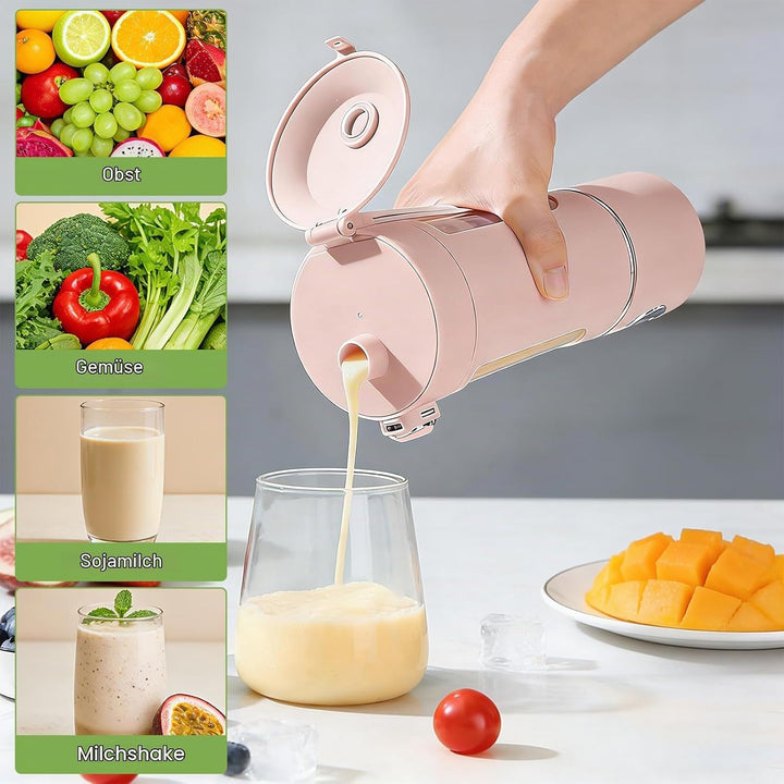 Tragbarer Mixer Smoothie Maker, 700 ml Kleiner Entsafter, Typ-C Wiederaufladbar, mit 12 Rostfreien K