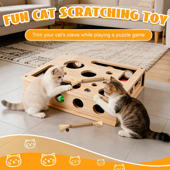 Katzen Krallenpflege Spielzeug, 30*25CM Kratzpuzzle Spielbox Holz Katzen mit 3 Ball 2 Minzstange, In
