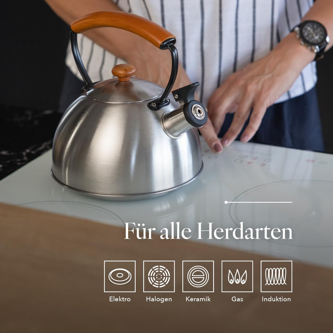 Florina Wooden Wasserkessel Induktion, Flötenkessel, Alle Herdarten, 2,3 L, Edelstahl Teekessel, Hol