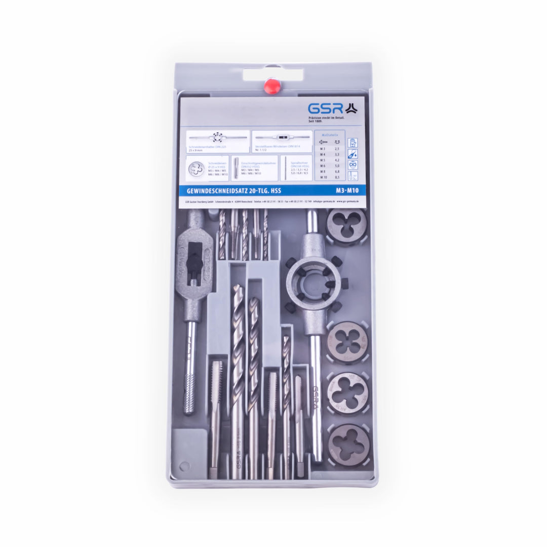 GSR Profi HSS-G Gewindeschneidsatz, 20-teilig, Geschliffen, Gewindebohrer Set M3-M12, Einschnittgewi