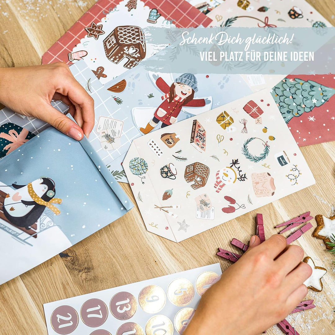 Papierdrachen Adventskalender 2025 zum Befüllen - 24 bedruckte Papiertüten in Eisblau & Rosa mit Zah