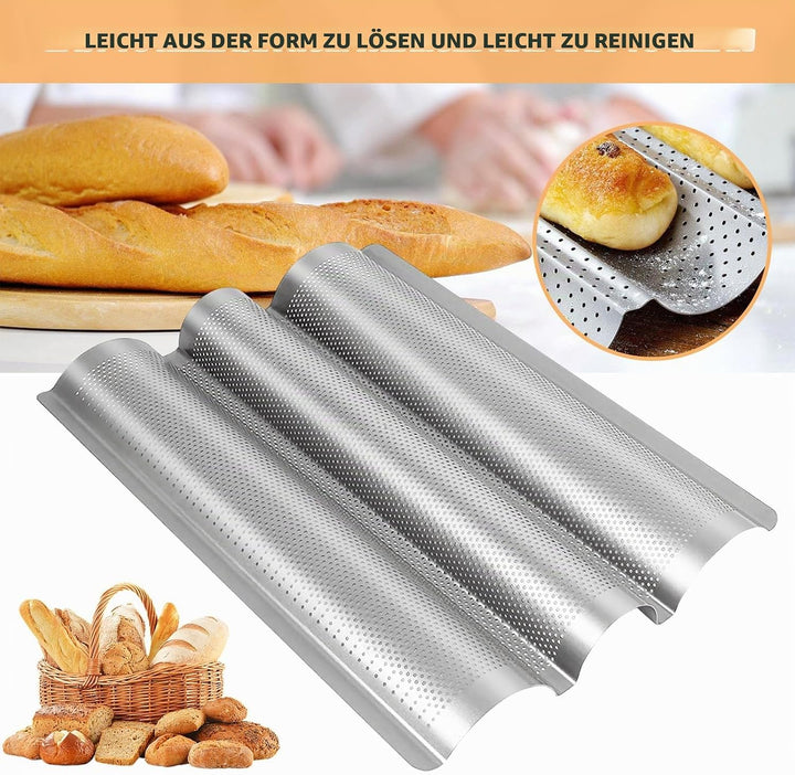 BORDEAG Baguette Backform, 2er Set Baguetteblech für 3 Baguettes mit Bäckermesser, Antihaftbeschicht