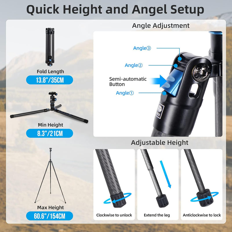 SIRUI Carbon Kamera Reisestativ Fotostativ Kamerastativ mit E-10 360°Kugelkopf, 151.9 cm Kompakt,Sch