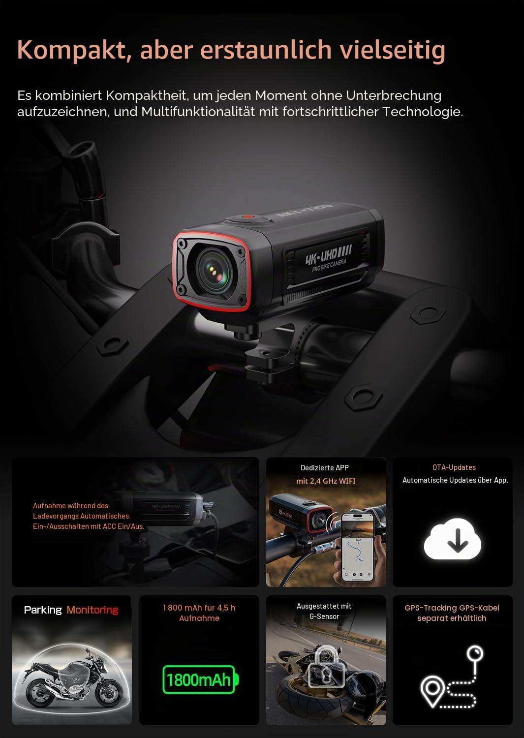 AKEEYO AKY-710S Motorrad-/Fahrradkamera 4K 28fps, 2K 55fps, Weitwinkel 142°, IP67, 5MP, Loop & Emerg