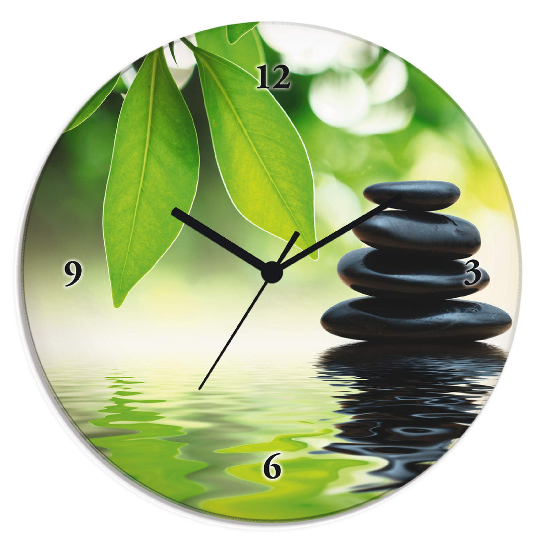 ARTLAND Wanduhr ohne Tickgeräusche Glas Quarzuhr Ø 30 cm Rund Lautlos Zen Asiatisch Spa Steine See B