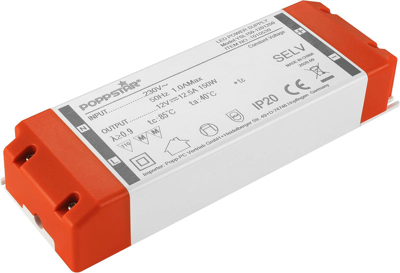 Poppstar LED Trafo Transformator 230V AC / 12V DC 12,5A für 1,5 W bis 150 Watt LEDs 12V DC 12.5A 150