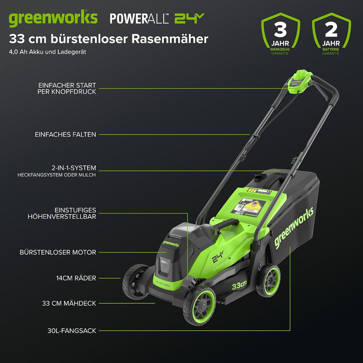 Greenworks 24V Akku-Rasenmäher Li-Ion 24V, 33 cm Schnittbreite, bis 280 m², kabelloser Rasentrimmer
