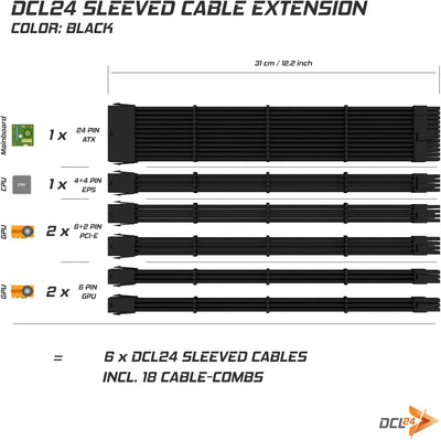 dcl24.de 30CM Sleeved Cable PC Extension Kit Schwarz für Netzteil, GPU/CPU, PSU Cable Extensions mit