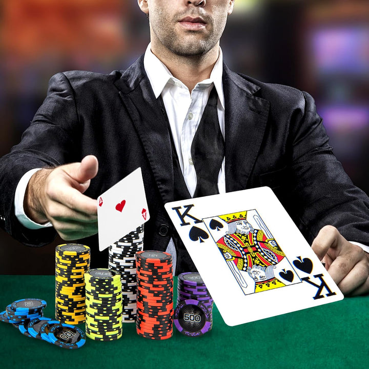 COSTWAY Pokerset mit 500 Laser-Chips, Pokerkoffer mit 2 Spielkarten, 5 Würfeln, 3 Händler-Chips &amp;2 S
