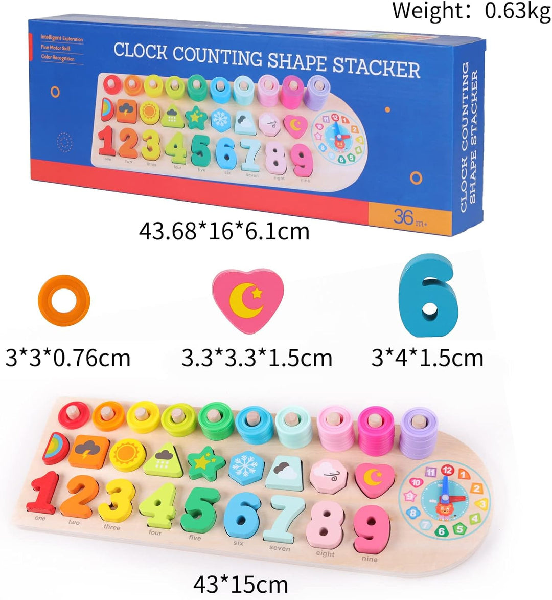 ANPEAC Holzpuzzles mit Lernuhr, Montessori Holz-Puzzle-Spielzeug,Lernspiel Mathematik für Kinder Bab