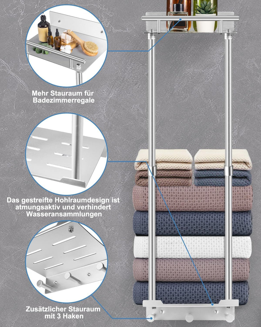 LIVEHITOP Handtuchregal, Ausziehbar Handtuchhalter Ohne Bohren 81CM Handtuch Aufbewahrung Wand Gäste