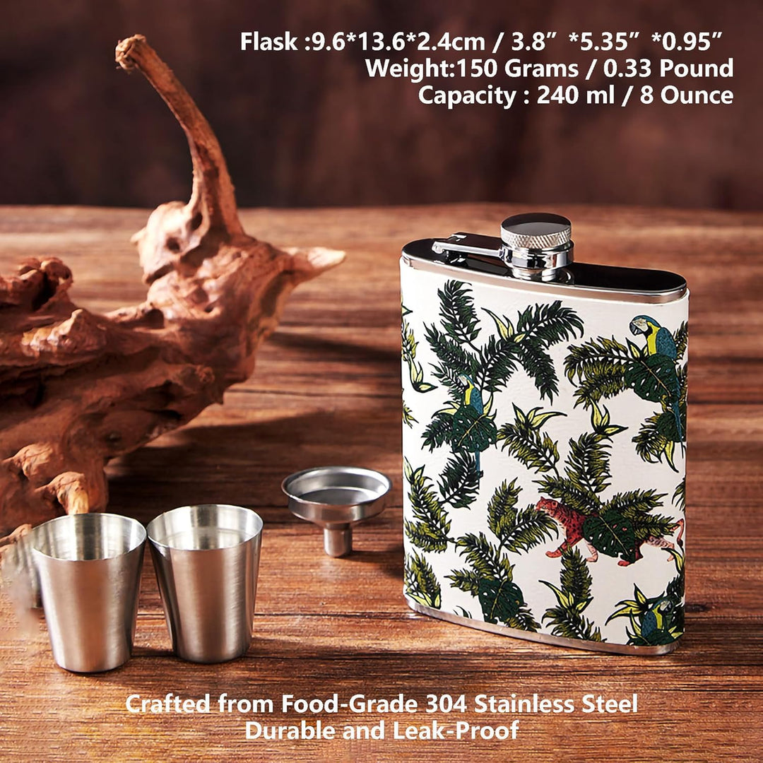 Luxuriöses 237 ml Edelstahl-Flachmann-Geschenkset mit 2 Schnapsgläsern und Trichter, lederbedruckter