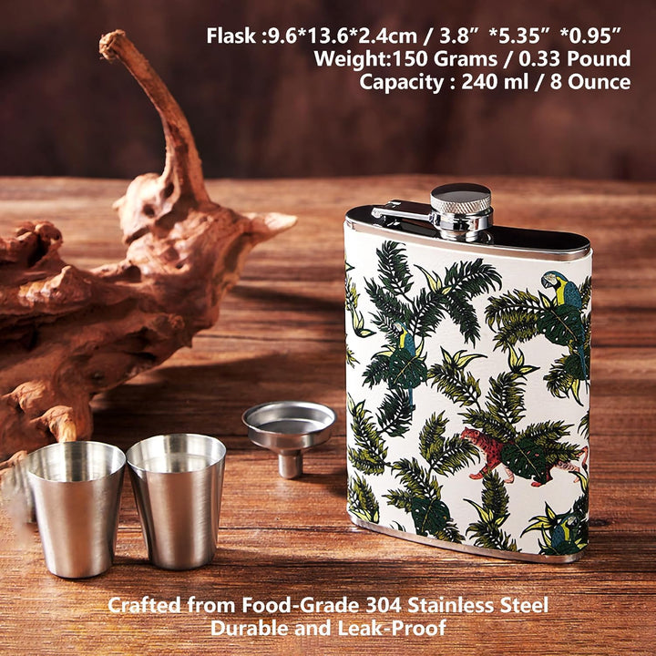 Luxuriöses 237 ml Edelstahl-Flachmann-Geschenkset mit 2 Schnapsgläsern und Trichter, lederbedruckter