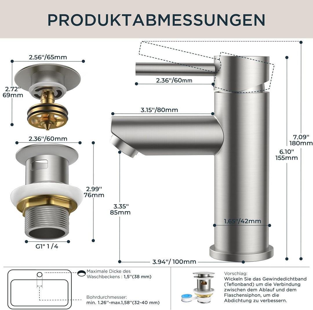 FORIOUS® Wasserhahn Bad mit Ablaufgarnitur, Edelstahl Waschbeckenarmatur mit Auslaufhöhe 85MM, Einhe