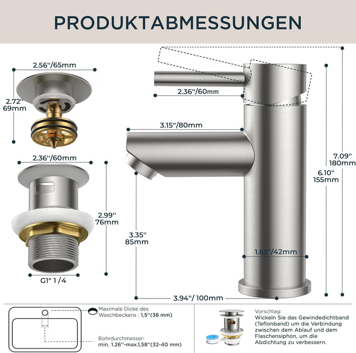 FORIOUS® Wasserhahn Bad mit Ablaufgarnitur, Edelstahl Waschbeckenarmatur mit Auslaufhöhe 85MM, Einhe