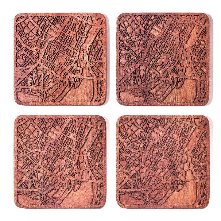 Montreal Untersetzer mit Landkarte aus Sapeli-Holz, 4 Stück, mit Stadtkarte, mehrere Stadt optional,