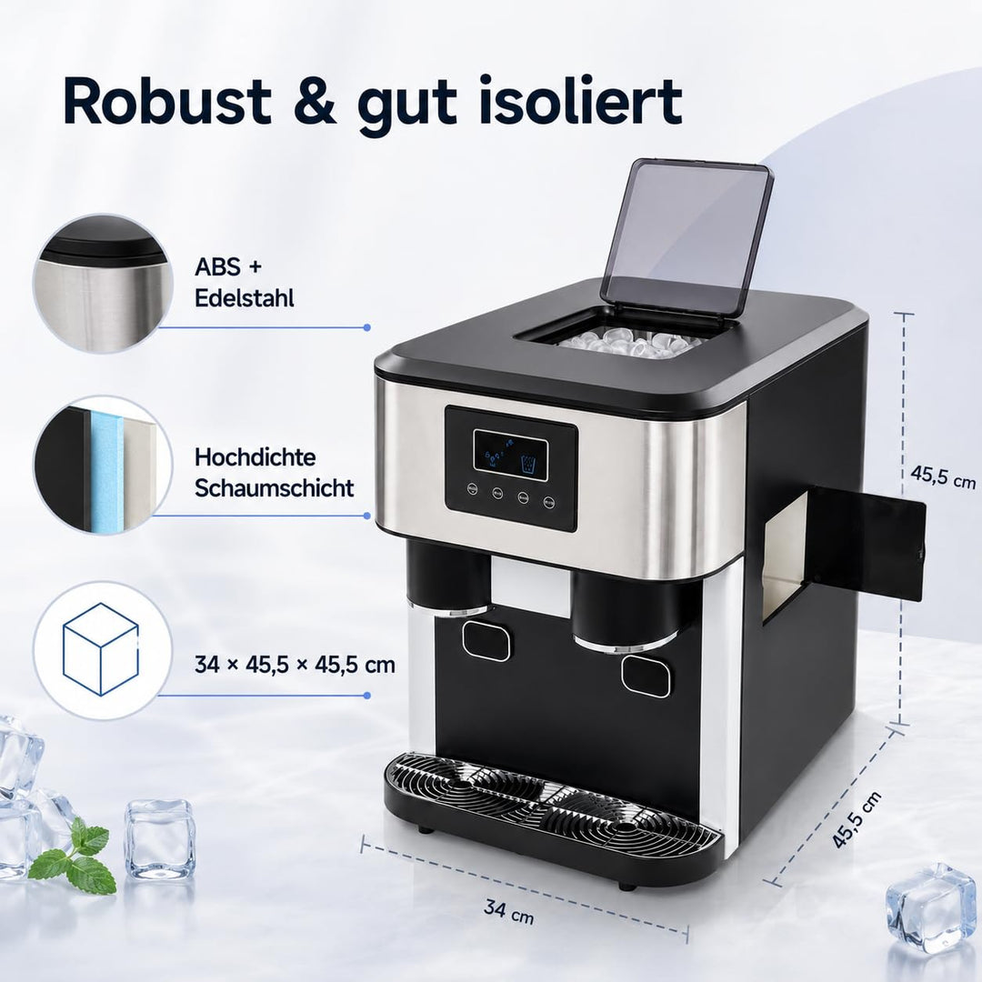 ‌3-in-1 Eismaschine mit Crushed Ice & Kaltwasser, 600g/16 Eiswürfel, 7-9 Min Schnellbereitung, LCD-D