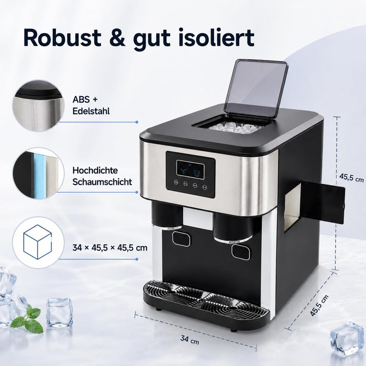 ‌3-in-1 Eismaschine mit Crushed Ice & Kaltwasser, 600g/16 Eiswürfel, 7-9 Min Schnellbereitung, LCD-D