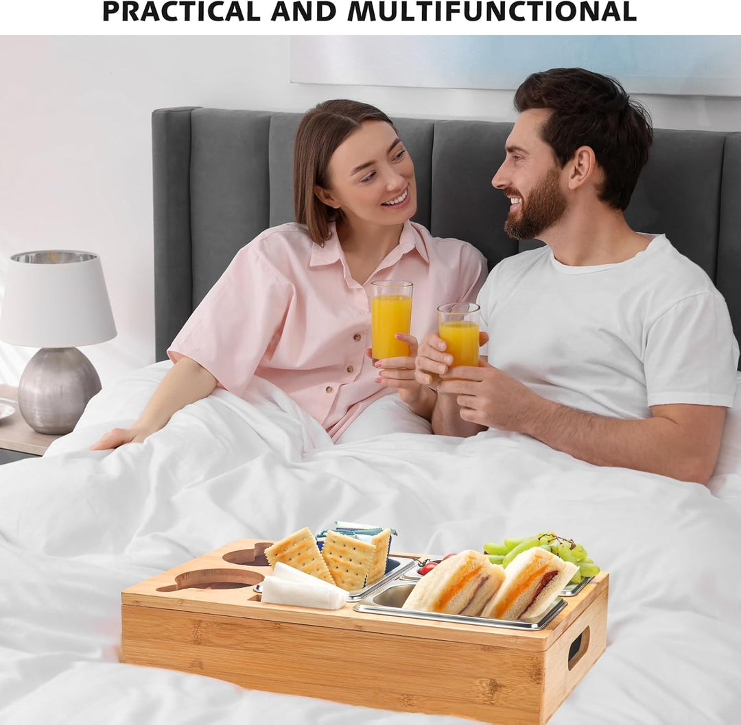 Couchbar Snackbox, Snackspender mit 3X Snackschalen, Abnehmbarer Deckel, Sofatablett aus Holz, Couch