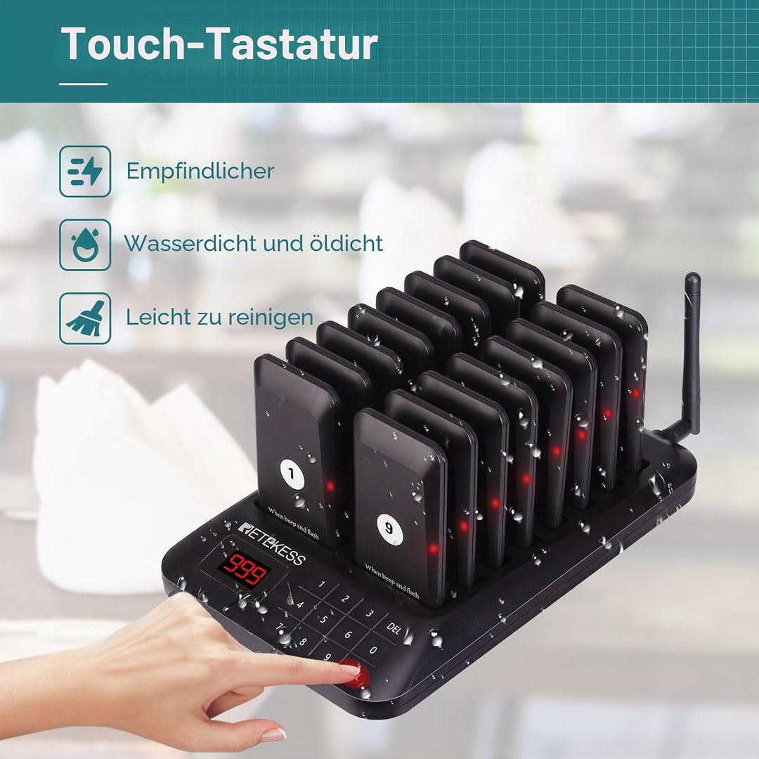 Retekess TD157 Pager System, Pager Rufsystem, Draussen 500M, Touchscreen-Pager, 1-99s Anrufzeit, Ein