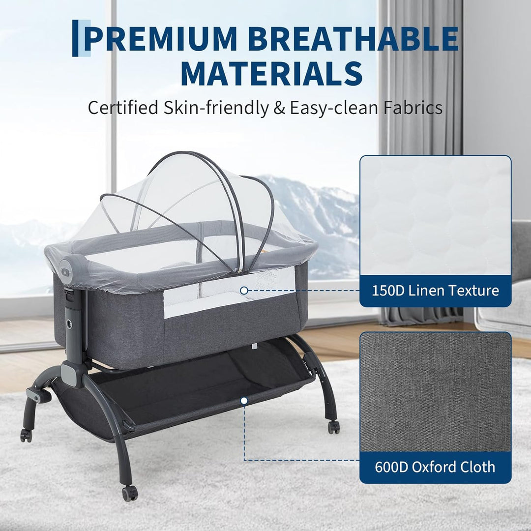 GarveeTech Beistellbett Baby höhenverstellbar mit Matratze, Mesh-Seiten, Wiegefunktion, Rollen mit B