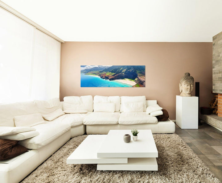Paul Sinus Art Panoramabild auf Leinwand und Keilrahmen 150x50cm Hawaii Küste Gebirge Felsen Strand