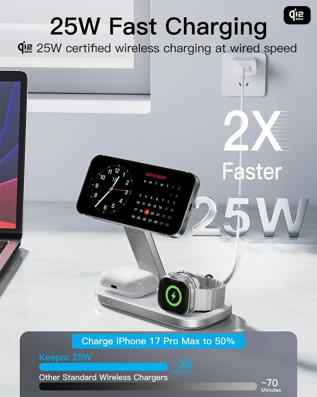 Qi2 25W 3-in-1 Kabellose Ladestation mit MagSafe, Faltbares Magnetische Ladegerät für iPhone 17e/17/