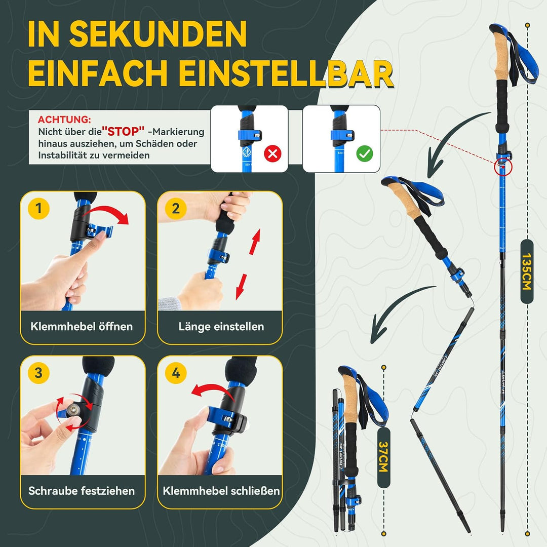 Clostnature Wanderstöcke Faltbar Carbon - Leichte Faltbare Trekkingstöcke mit Korkgriff, Walking Stö