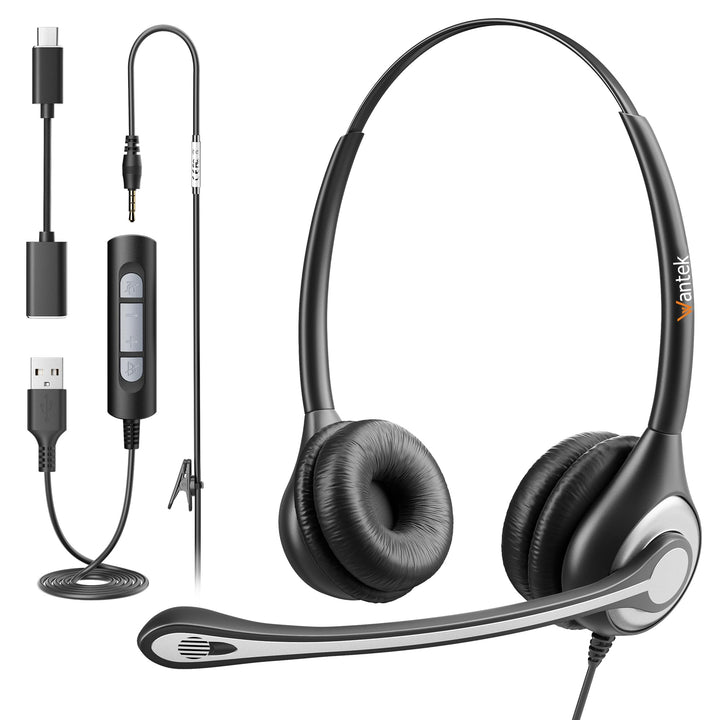Wantek PC-Headset mit Mikrofon,USB/3,5-mm/Type-c-Anschluss 3 In-1 USB Headset, Kabelgebundene & Raus