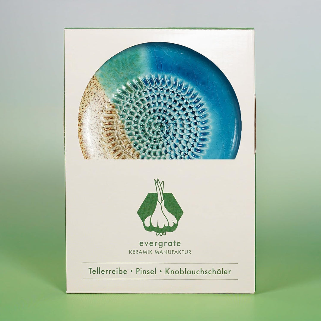 Evergrate® Keramikreibe Ocean mit Geschenkbox – mit Reibe, Knoblauchschäler, Rezeptheft & Pinsel – H
