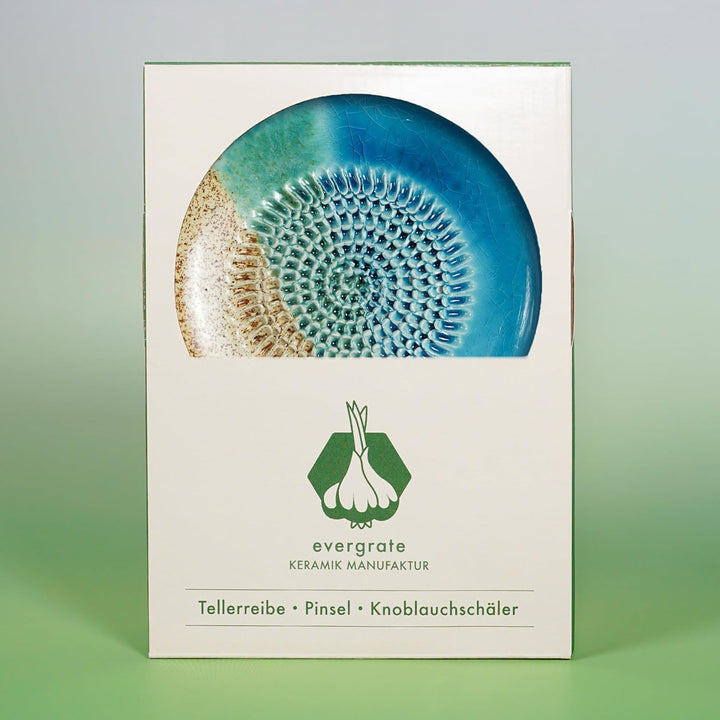Evergrate® Keramikreibe Ocean mit Geschenkbox – mit Reibe, Knoblauchschäler, Rezeptheft & Pinsel – H