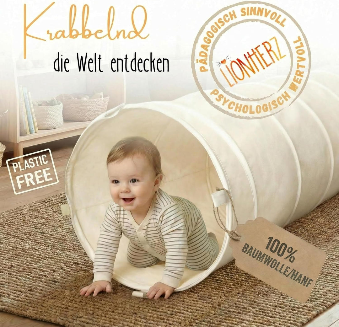 LIONHERZ® Spieltunnel für Kinder aus Baumwolle/Hanf mit Klettverschlüssen [180cm x 46cm] Krabbeltunn