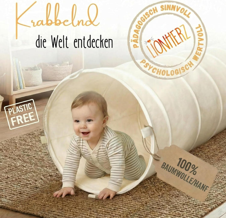 LIONHERZ® Spieltunnel für Kinder aus Baumwolle/Hanf mit Klettverschlüssen [180cm x 46cm] Krabbeltunn