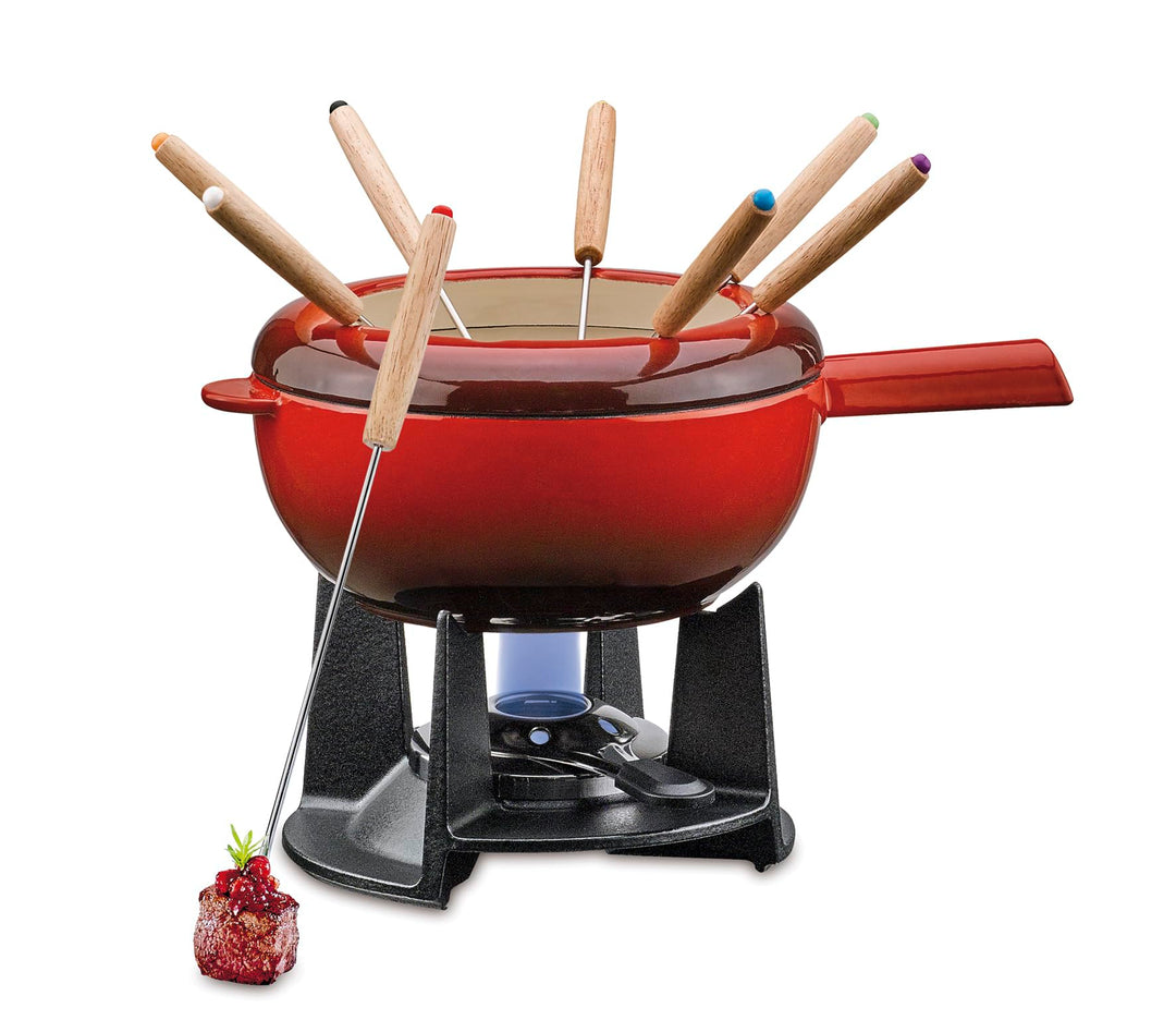 Spring Gusseisen Fondue Set rot | Ø 20 cm | mit 8 Fonduegabeln und Spritzschutz | für Käsefondue, Fl