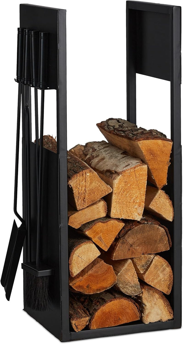 Relaxdays, schwarz Kaminholzregal mit Besteck, Metall, HBT: 76,5x36x30 cm, Brennholzregal innen, Hol