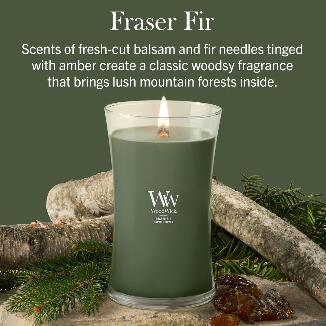 WoodWick Grosse Duftkerze im Sanduhrglas mit knisterndem Docht | Fraser Fir | bis zu 130 Stunden Bre