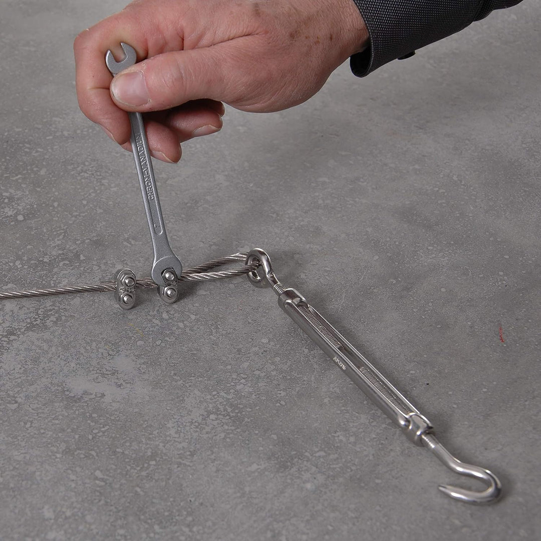 Drahtseile24 Edelstahlseil Set mit 3x Seilklemmen, 1x Kausche & 2x Seilspanner | Edelstahlseil Spann