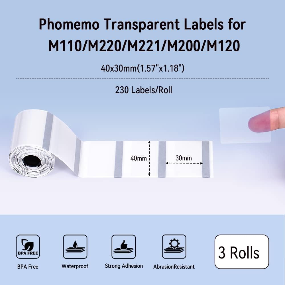 Phomemo M110/M220/M221/M200/M120/M100/M108/M150/M250/M260 Transparente Selbstklebeetiketten für Phom