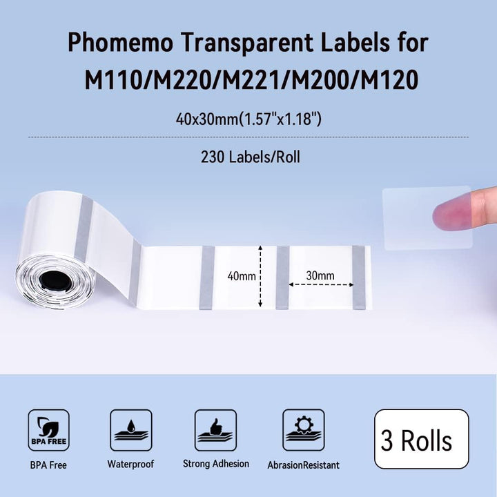Phomemo M110/M220/M221/M200/M120/M100/M108/M150/M250/M260 Transparente Selbstklebeetiketten für Phom