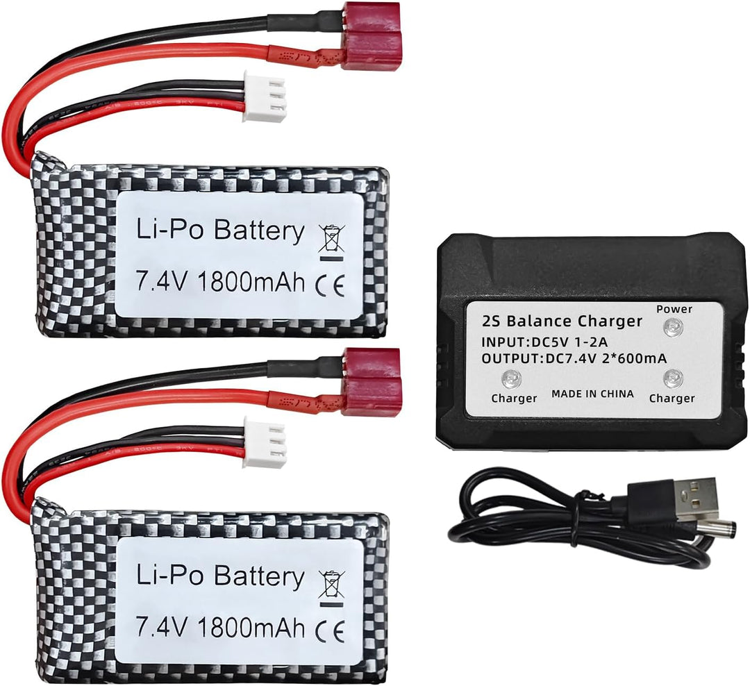 2PCS 7.4V 1800mAh Lipoakku mit 2 in 1 Ladegerät für WLTOYS A959-B A969-B A979-B K929-B 144001 Hochge