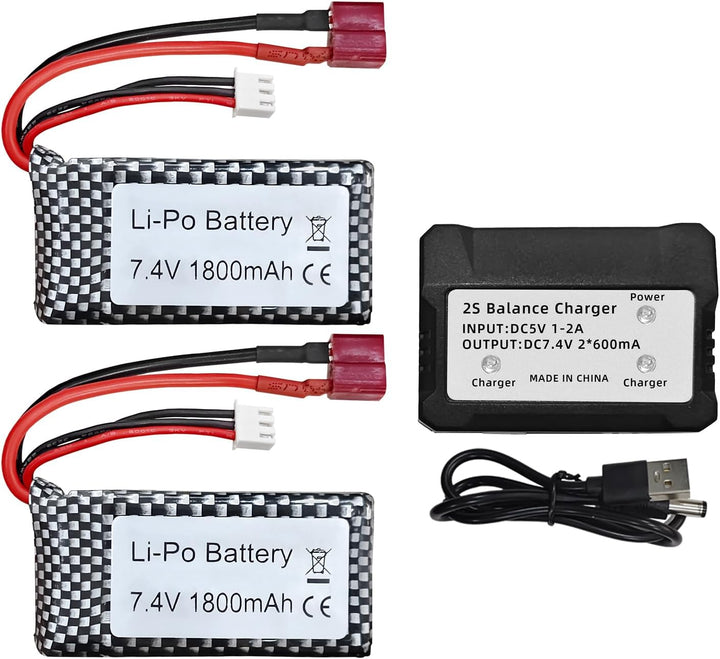 2PCS 7.4V 1800mAh Lipoakku mit 2 in 1 Ladegerät für WLTOYS A959-B A969-B A979-B K929-B 144001 Hochge