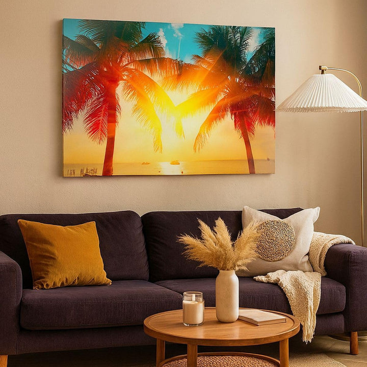 Bilder auf Leinwand 100x70cm Leinwandbild mit Rahmen Meer Palme Wasser Gross Wanddeko Bild Schlafzim