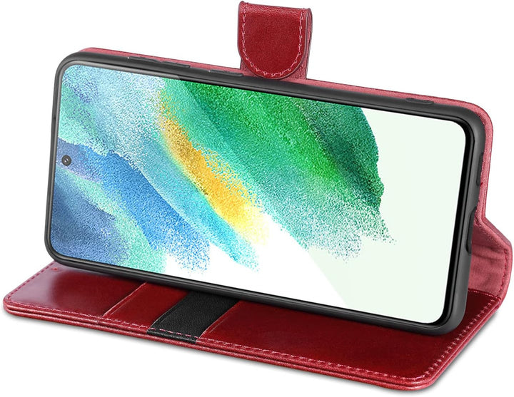 LENSUN Echtleder Hülle für Samsung Galaxy S21 FE, Handyhülle [Premium Echtes Leder] [Kartenfach] [RF
