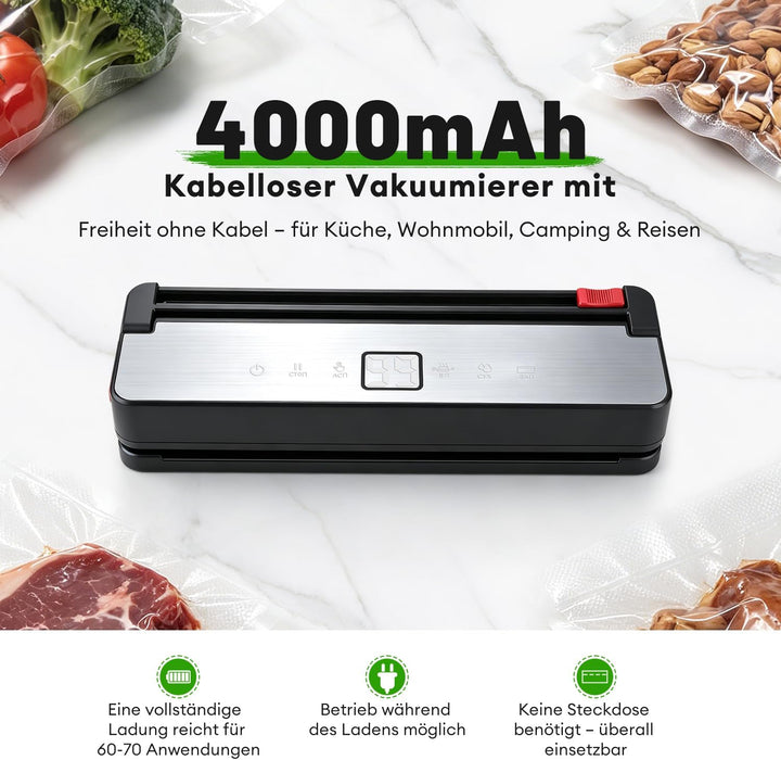 Vakuumiergerät, Kabelloses Vakuumierer Folienschweissgerät für Lebensmittel Schwarz-kabellos, Schwar