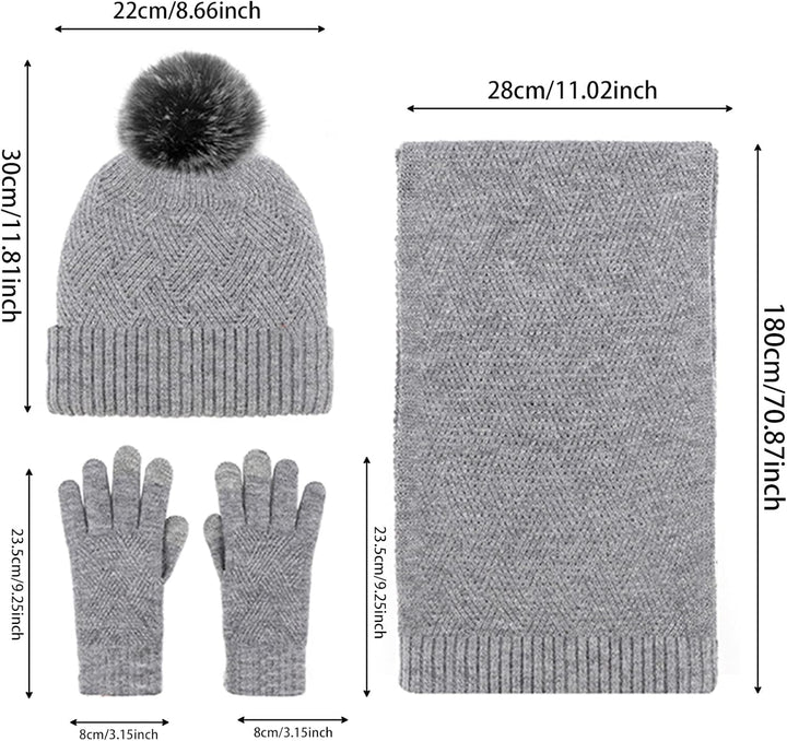 Damen Bommelmütze, Schals, Handschuhe, Set, Thermo, Winter, warm, Strickmütze, Halswärmer und Touchs