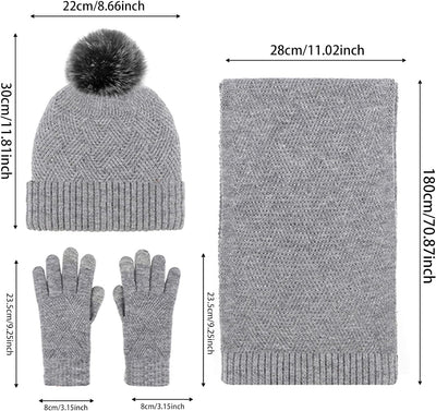 Damen Bommelmütze Schals Handschuhe Set Thermo Winter Warm Strickmütze Halswärmer und Touchscreen Ha