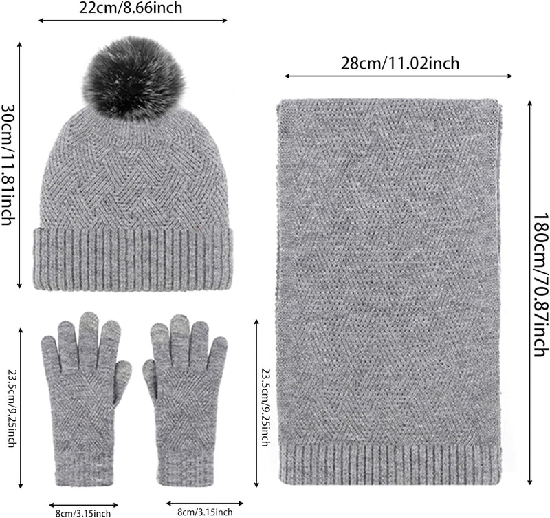 Damen Bommelmütze Schals Handschuhe Set Thermo Winter Warm Strickmütze Halswärmer und Touchscreen Ha