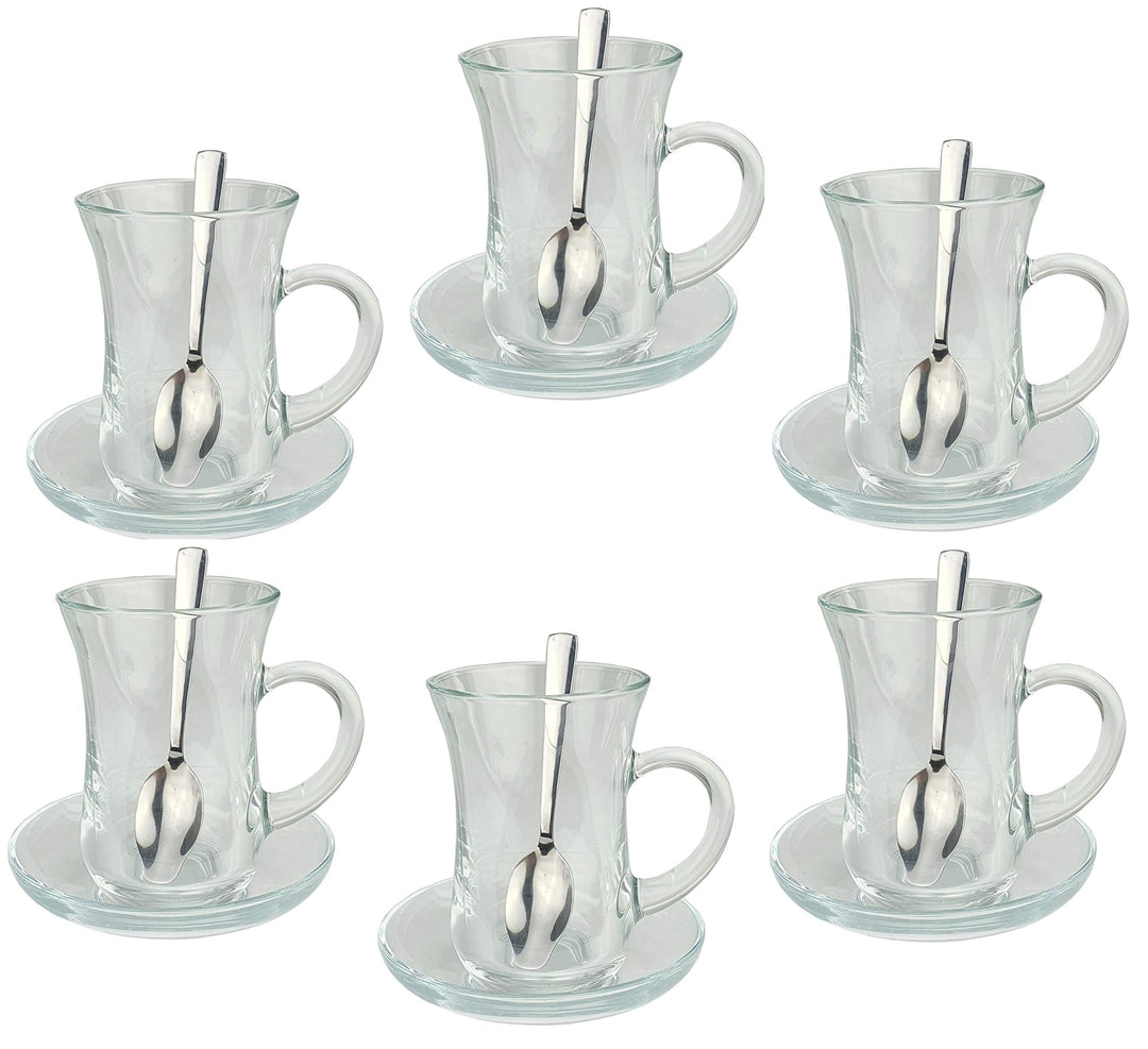Pasabahce Orginal türkisches Tee Set Teeset 'KULP'/ 6 klassische Gläser mit Henkel 6 Rührlöffel (Mar